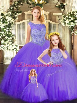 Ball Gowns Quinceanera Gowns Purple Scoop Tulle Sleeveless Floor Length Lace Up
