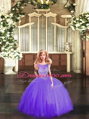 Ball Gowns Quinceanera Gowns Purple Scoop Tulle Sleeveless Floor Length Lace Up