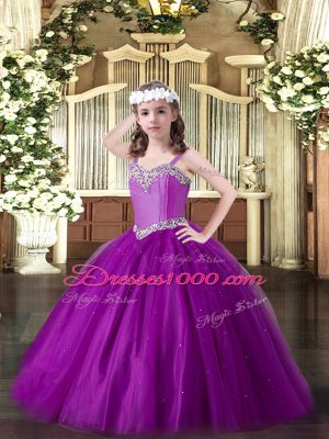 Tulle Straps Sleeveless Lace Up Beading Pageant Dress Wholesale in Eggplant Purple