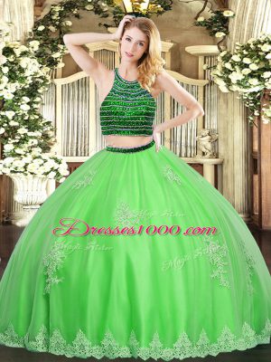 Halter Top Sleeveless Quinceanera Gown Floor Length Beading and Appliques Green Tulle
