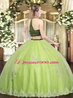 Halter Top Sleeveless Quinceanera Gown Floor Length Beading and Appliques Green Tulle