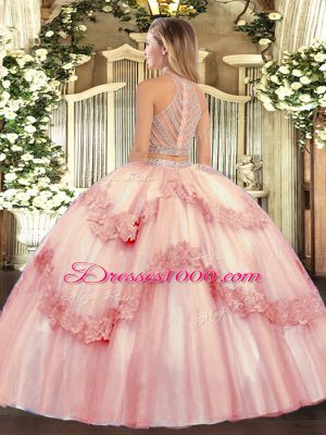 Elegant Scoop Sleeveless Tulle 15th Birthday Dress Beading and Appliques Zipper