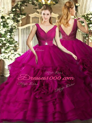 Designer Fuchsia Ball Gowns Beading and Ruching Ball Gown Prom Dress Backless Organza Sleeveless Floor Length