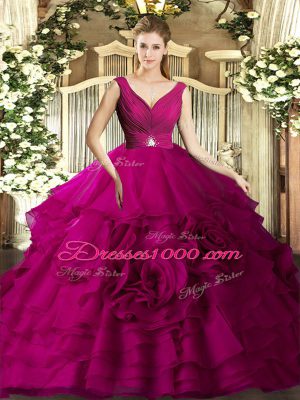 Designer Fuchsia Ball Gowns Beading and Ruching Ball Gown Prom Dress Backless Organza Sleeveless Floor Length