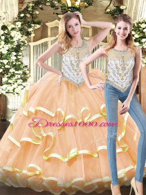 Customized Peach Scoop Neckline Beading and Ruffled Layers Quinceanera Gowns Sleeveless Zipper