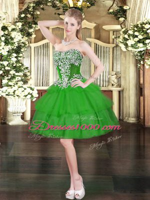 Sweetheart Sleeveless Prom Gown Mini Length Beading and Ruffled Layers Green Organza