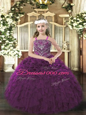 Floor Length Dark Purple Pageant Gowns For Girls Straps Sleeveless Lace Up