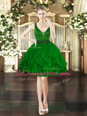 Modern Ball Gowns Evening Dress Dark Green V-neck Tulle Sleeveless Mini Length Lace Up