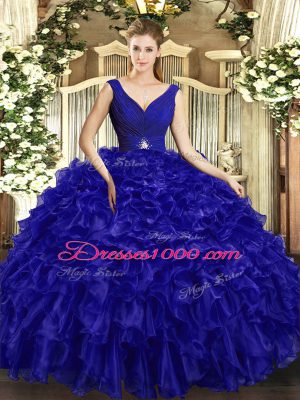Royal Blue Backless 15 Quinceanera Dress Beading and Ruffles Sleeveless Floor Length