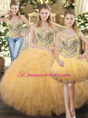 Champagne Sleeveless Beading and Ruffles Floor Length Quinceanera Gowns