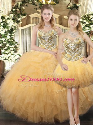 Champagne Sleeveless Beading and Ruffles Floor Length Quinceanera Gowns