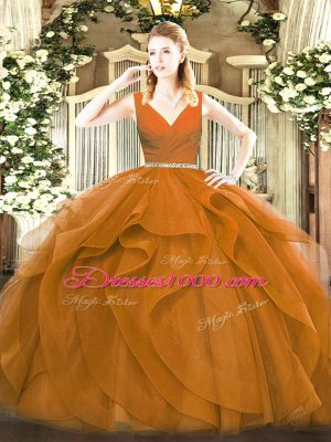 Custom Design Brown Tulle Zipper Ball Gown Prom Dress Sleeveless Floor Length Beading and Ruffles