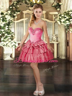 Extravagant Sleeveless Mini Length Beading and Ruffled Layers Lace Up Prom Dresses with Coral Red