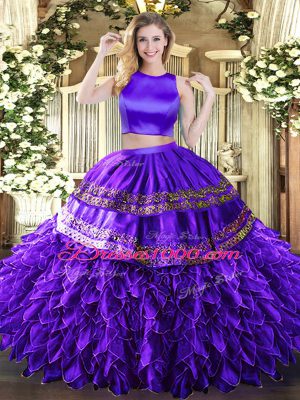 Floor Length Criss Cross Quinceanera Gown Purple for Military Ball and Sweet 16 and Quinceanera with Ruffles and Sequins