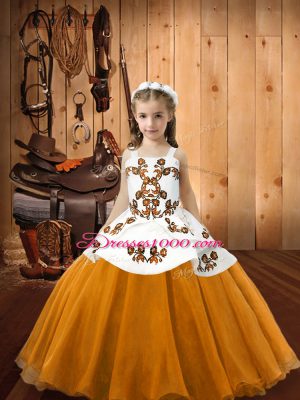 Elegant Orange Organza Lace Up Pageant Dress for Girls Sleeveless Floor Length Embroidery