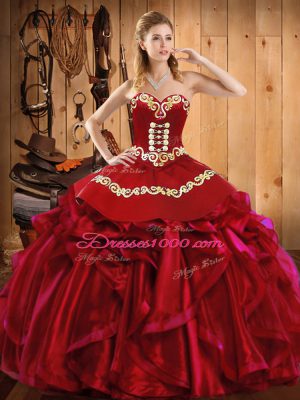 Wine Red Ball Gowns Satin and Organza Sweetheart Sleeveless Embroidery and Ruffles Floor Length Lace Up Quinceanera Dresses