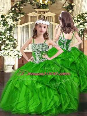 Sleeveless Organza Floor Length Lace Up Little Girls Pageant Dress Wholesale in Green with Appliques and Ruffles