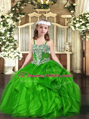 Sleeveless Organza Floor Length Lace Up Little Girls Pageant Dress Wholesale in Green with Appliques and Ruffles