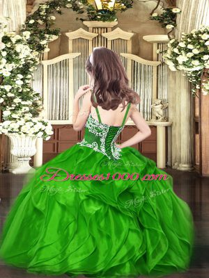 Sleeveless Organza Floor Length Lace Up Little Girls Pageant Dress Wholesale in Green with Appliques and Ruffles
