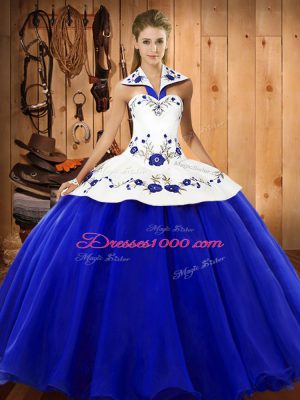 Sweet Embroidery 15th Birthday Dress Blue And White Lace Up Sleeveless Floor Length