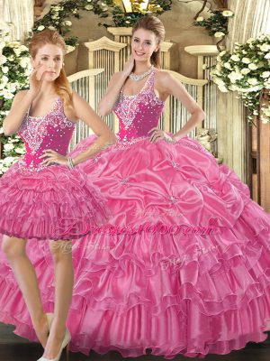 Stunning Floor Length Hot Pink Quince Ball Gowns Tulle Sleeveless Beading and Ruffles and Pick Ups