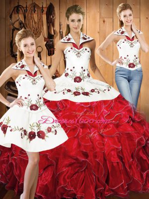 Most Popular White And Red Halter Top Neckline Embroidery and Ruffles Quince Ball Gowns Sleeveless Lace Up