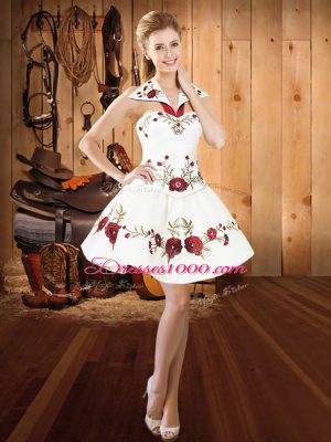 Most Popular White And Red Halter Top Neckline Embroidery and Ruffles Quince Ball Gowns Sleeveless Lace Up