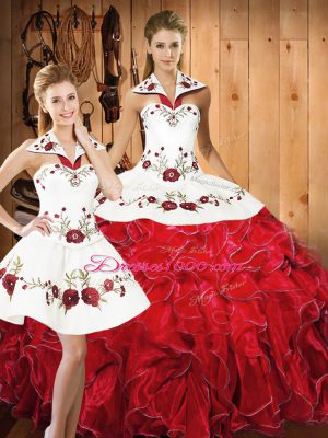 Most Popular White And Red Halter Top Neckline Embroidery and Ruffles Quince Ball Gowns Sleeveless Lace Up