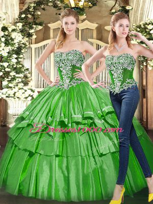 Green Ball Gowns Beading and Ruffled Layers Quince Ball Gowns Lace Up Tulle Sleeveless Floor Length