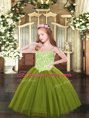 Olive Green Sleeveless Tulle Lace Up Child Pageant Dress for Party and Quinceanera