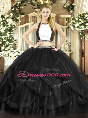 Black Tulle Backless Halter Top Sleeveless Floor Length Vestidos de Quinceanera Ruffles