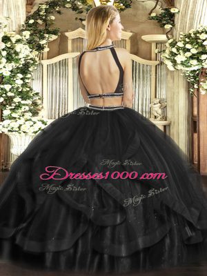 Black Tulle Backless Halter Top Sleeveless Floor Length Vestidos de Quinceanera Ruffles