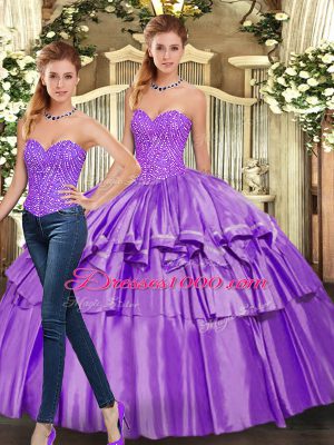 Glorious Eggplant Purple Sleeveless Floor Length Beading and Ruffled Layers Lace Up 15 Quinceanera Dress