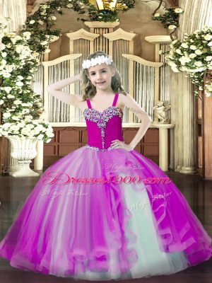 Eye-catching Fuchsia Tulle Lace Up Pageant Gowns Sleeveless Floor Length Beading