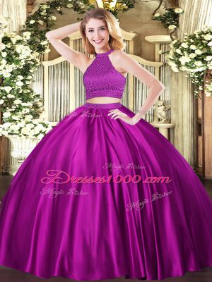 Fuchsia Tulle Backless Sweet 16 Dresses Sleeveless Floor Length Beading
