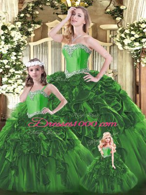 Free and Easy Sweetheart Sleeveless Sweet 16 Dresses Floor Length Beading and Ruffles Green Organza