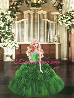 Free and Easy Sweetheart Sleeveless Sweet 16 Dresses Floor Length Beading and Ruffles Green Organza