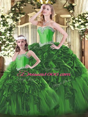 Free and Easy Sweetheart Sleeveless Sweet 16 Dresses Floor Length Beading and Ruffles Green Organza