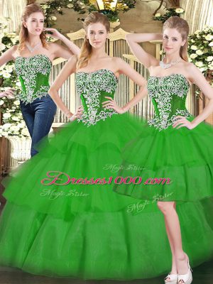 Lovely Green Two Pieces Organza Sweetheart Sleeveless Beading and Ruffled Layers Floor Length Lace Up Vestidos de Quinceanera