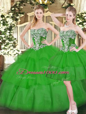Lovely Green Two Pieces Organza Sweetheart Sleeveless Beading and Ruffled Layers Floor Length Lace Up Vestidos de Quinceanera