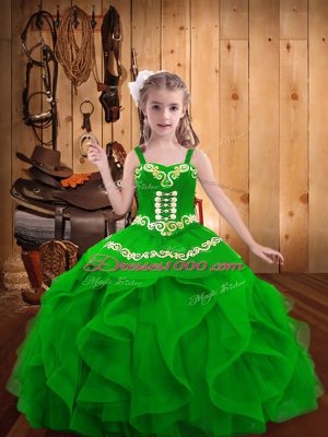 Custom Designed Green Ball Gowns Embroidery and Ruffles Winning Pageant Gowns Lace Up Organza Sleeveless Floor Length