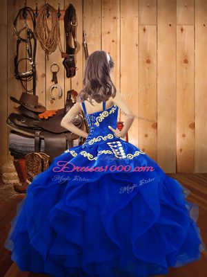 Custom Designed Green Ball Gowns Embroidery and Ruffles Winning Pageant Gowns Lace Up Organza Sleeveless Floor Length