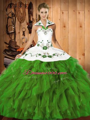 Trendy Olive Green Ball Gowns Embroidery and Ruffles Sweet 16 Dresses Lace Up Satin and Organza Sleeveless Floor Length