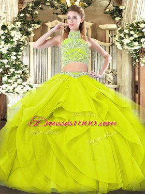 Charming Yellow Green Backless High-neck Beading and Ruffles Vestidos de Quinceanera Tulle Sleeveless
