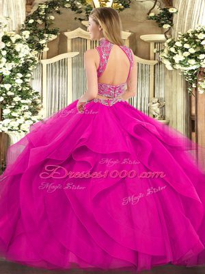 Charming Yellow Green Backless High-neck Beading and Ruffles Vestidos de Quinceanera Tulle Sleeveless