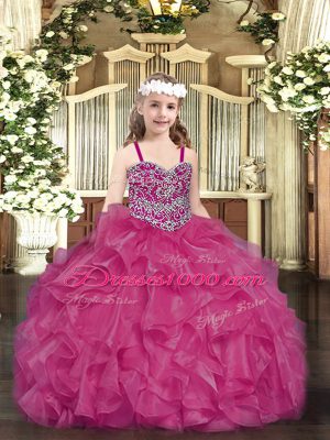 Low Price Fuchsia Lace Up Straps Beading and Ruffles Pageant Dresses Organza Sleeveless