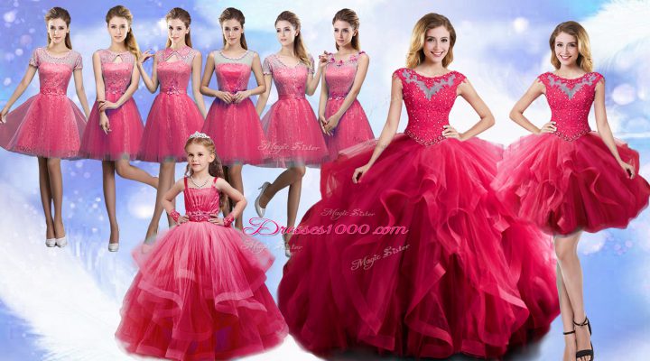 Hot Pink Sleeveless Floor Length Beading Lace Up Quinceanera Dress