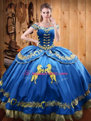 Dazzling Blue Ball Gowns Off The Shoulder Sleeveless Satin and Organza Floor Length Lace Up Beading and Embroidery Quinceanera Gown