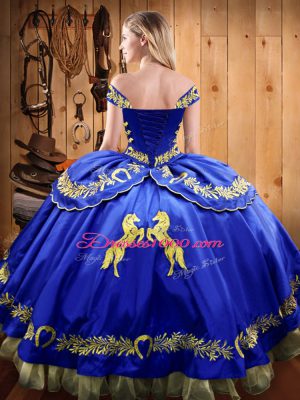 Dazzling Blue Ball Gowns Off The Shoulder Sleeveless Satin and Organza Floor Length Lace Up Beading and Embroidery Quinceanera Gown