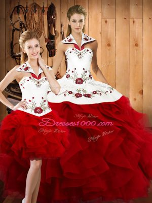 Sleeveless Lace Up Floor Length Embroidery and Ruffles Quince Ball Gowns